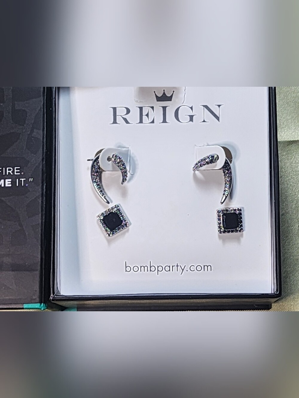 Bomb Party Earrings Set - Silver Crescent & Black Square Studs